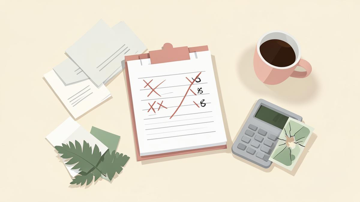 Illustration of scattered receipts, a crossed-out ledger, a calculator, and a torn dollar bill on a desk