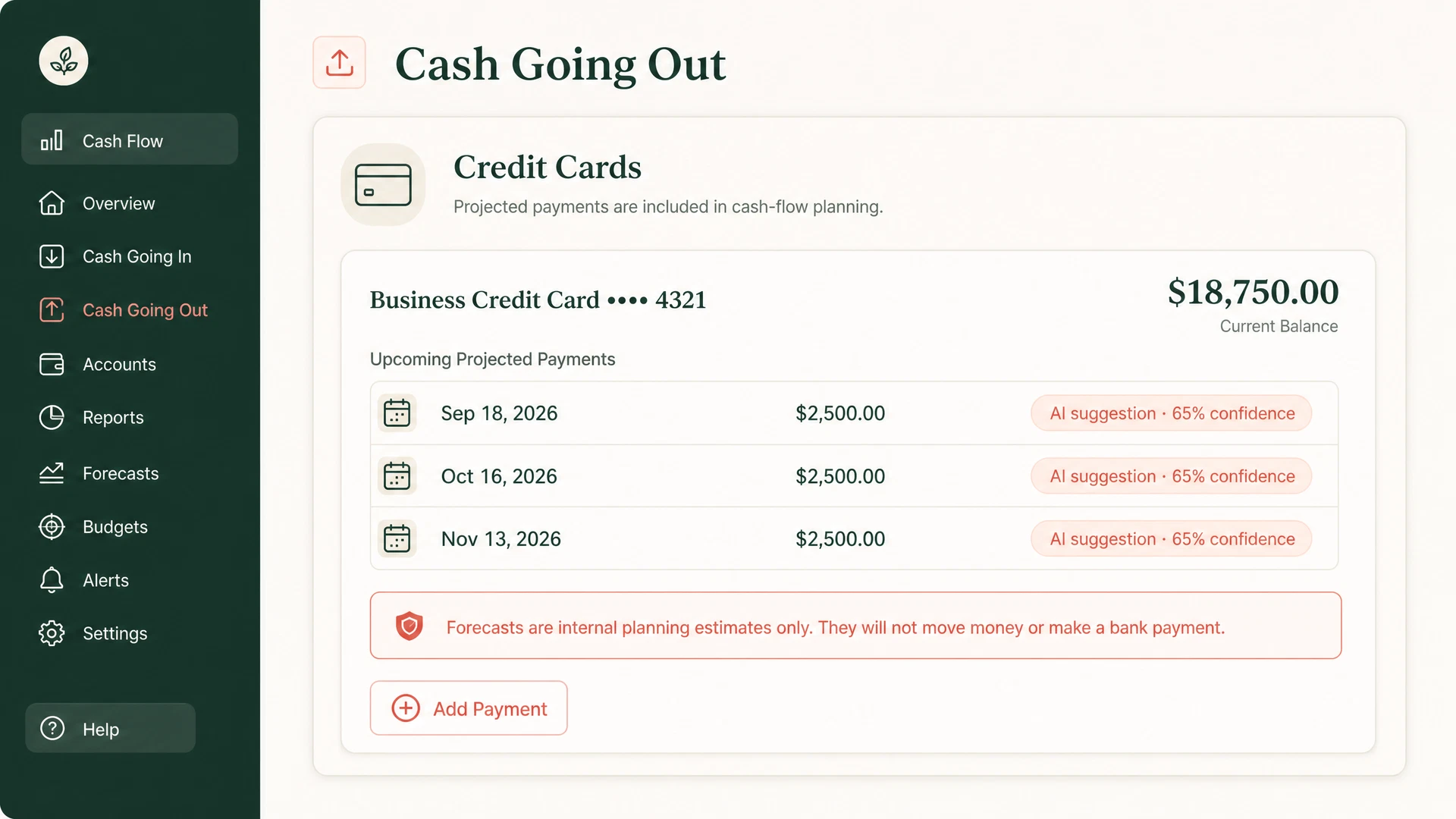 Cash Flow Dashboard showing upcoming projected credit card payments with dates and amounts