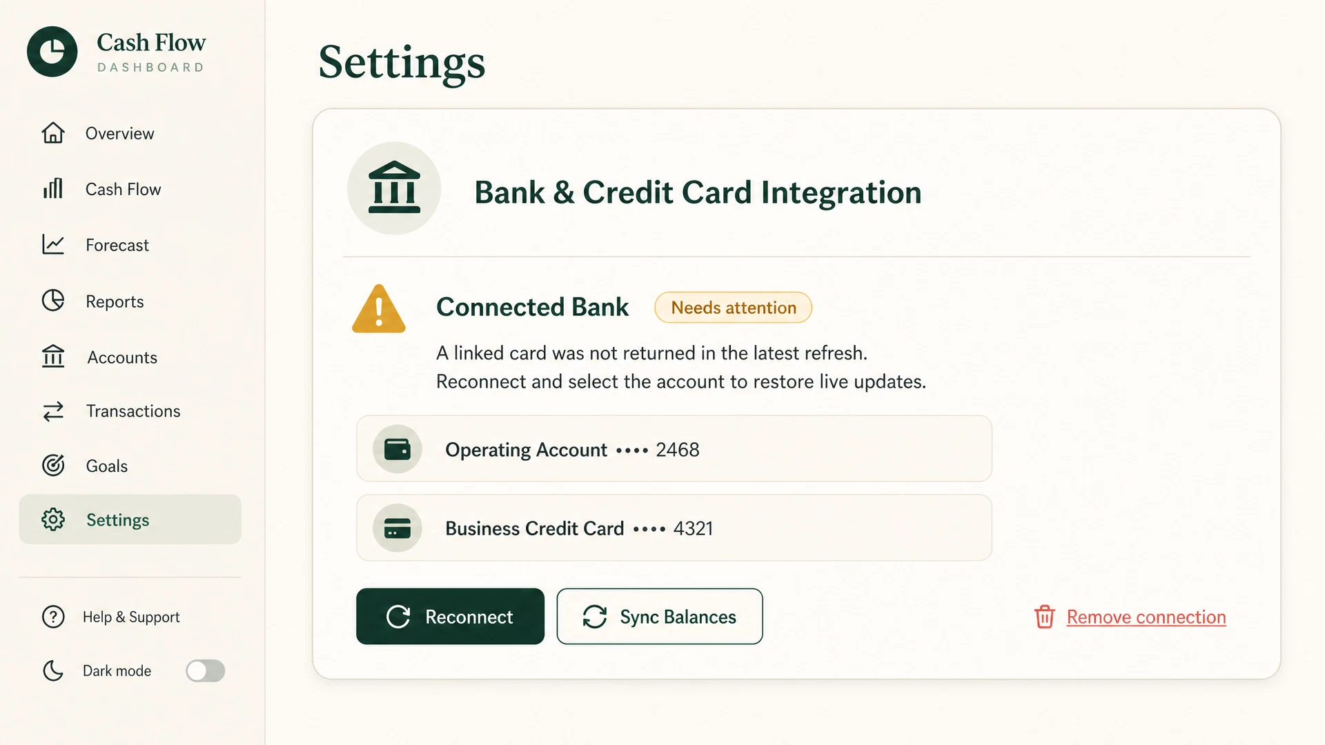 Cash Flow Dashboard settings screen showing connected bank and business credit card accounts